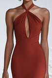 Terracotta Sheath Halter Chiffon Keyhole Long Formal Dress with Ruffles