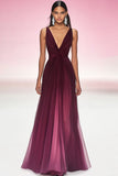 Elegant Cabernet A Line V-Neck Pleated Long Formal Dress
