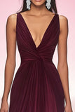 Elegant Cabernet A Line V-Neck Pleated Long Formal Dress