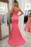 Coral V-Neck Satin Mermaid Sweep Train Prom Dress with Slit