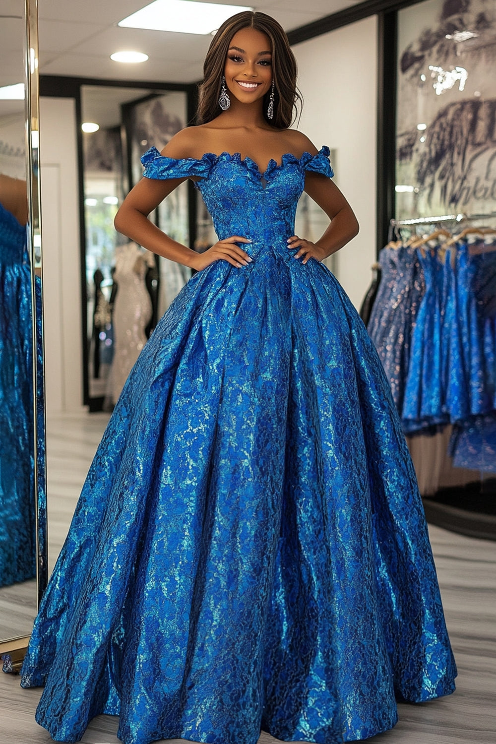 Leely Women Floral Princess Royal Blue Prom Dress Ball Gown Off the Shoulder Ruffled Floor Length Formal Dress leelyuk Leely Women Floral Princess Royal Blue Prom Dress Ball Gown Off the Shoulder Ruffled Floor Length Formal Dress leelyuk