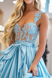 Ball Gown Sky Blue Corset Bow Long Prom Dress with Lace
