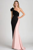 Black Blush Sheath Satin One Shoulder Floor Length Formal Dress