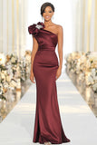 Glitter Burgundy Satin Sheath One Shoulder Maxi Formal Dress with Bow