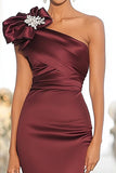 Glitter Burgundy Satin Sheath One Shoulder Maxi Formal Dress with Bow