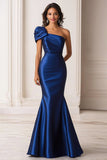 Mermaid Ruched One Shoulder Dark Blue Long Formal Dress