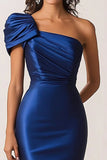 Mermaid Ruched One Shoulder Dark Blue Long Formal Dress