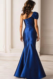 Mermaid Ruched One Shoulder Dark Blue Long Formal Dress