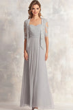Silver Square Neck Chiffon Mother of the Bride Dress with Lace Jacket