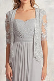 Silver Square Neck Chiffon Mother of the Bride Dress with Lace Jacket