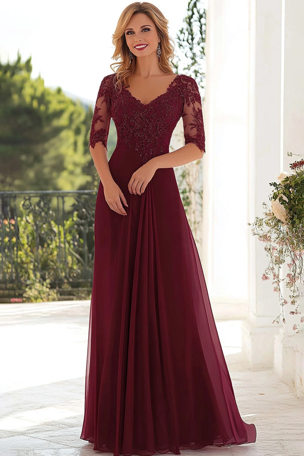 Leely Women Burgundy A-Line Chiffon Mother of the Bride Dress with Lace Applique V-Neck Half Sleeves Formal Dress leelyuk Leely Women Burgundy A-Line Chiffon Mother of the Bride Dress with Lace Applique V-Neck Half Sleeves Formal Dress leelyuk
