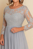 Silver A-Line Scoop Neck Mother of the Bride Dress with Lace Applique