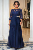 Navy A-Line Boat Neck Chiffon Mother of the Bride Dress with Ruffles