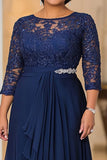 Navy A-Line Boat Neck Chiffon Mother of the Bride Dress with Ruffles