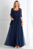 Navy A-Line Mother of the Bride Dress with Lace Jacket