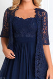 Navy A-Line Mother of the Bride Dress with Lace Jacket