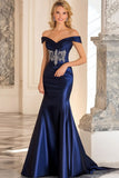 Navy Mermaid Off the Shoulder Mother of the Bride Dress