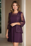 Plum Chiffon Short Mother of the Bride Dress with Lace Applique Jacket