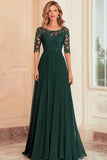Dark Green A-Line Chiffon Mother of the Bride Dress with Lace Applique