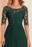 Dark Green A-Line Chiffon Mother of the Bride Dress with Lace Applique