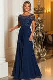 Navy Short Sleeves Applique A-Line Chiffon Mother of the Bride Dress