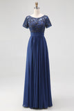 Navy Maxi Beaded A-Line Chiffon Mother of the Bride Dress