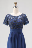 Navy Maxi Beaded A-Line Chiffon Mother of the Bride Dress