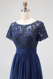 Navy Maxi Beaded A-Line Chiffon Mother of the Bride Dress