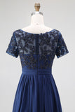 Navy Maxi Beaded A-Line Chiffon Mother of the Bride Dress