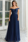 Navy Off the Shoulder Applique A-Line Chiffon Mother of the Bride Dress