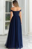 Navy Off the Shoulder Applique A-Line Chiffon Mother of the Bride Dress