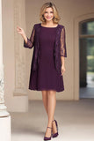 Plum Chiffon Knee-Length Mother of the Bride Dress with Lace Jacket
