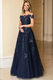 Off the Shoulder Navy Applique A-Line Mother of the Bride Dress