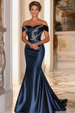 Mermaid Stretch Satin Navy Off the Shoulder Mother of the Bride Dress
