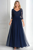 V-Neck Chiffon Navy A-Line Mother of the Bride Dress