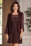 Cabernet Lace Knee-Length Mother of the Bride Dress with Chiffon Jacket