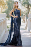 Sparkly One Shoulder Mermaid Navy Floor Length Mother of the Bride Dress with Cape
