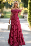 Elegant Burgundy Off The Shoulder Lace A Line Mother of the Bride Dress