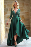 Dark Green V Neck High-Low A Line Lace Mother of the Bride Dress