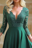 Dark Green V Neck High-Low A Line Lace Mother of the Bride Dress