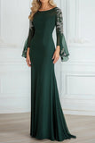 Dark Green Chiffon Scoop Neck Sheath Mother of the Bride Dress with Flutter Sleeves