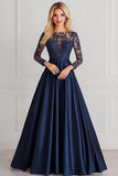 Navy Scoop Neck Lace Applique Satin A Line Mother of the Bride Dress