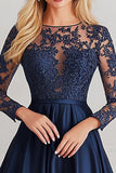 Navy Scoop Neck Lace Applique Satin A Line Mother of the Bride Dress