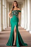 Green Off The Shoulder Satin Mermaid Mother of the Bride Dress with Slit