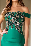 Green Off The Shoulder Satin Mermaid Mother of the Bride Dress with Slit