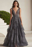 Dark Grey V Neck Tiered A Line Lace Mother of the Bride Dress