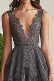 Dark Grey V Neck Tiered A Line Lace Mother of the Bride Dress