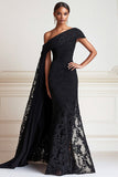 Black Sheath Off The Shoulder Lace Mother of the Bride Dress with Cape
