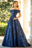 Navy Off The Shoulder Jacquard A Line Printed Mother of the Bride Dress