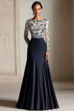 Black Scoop Neck Applique Sheath Mother of the Bride Dress